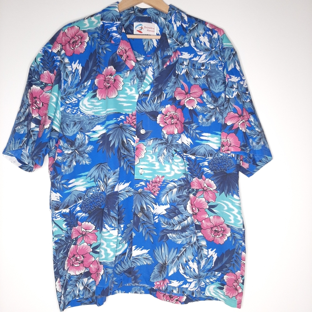 Shoreline Vintage Hawaiian Shirt Pink Florals Blue Water Size 2XL